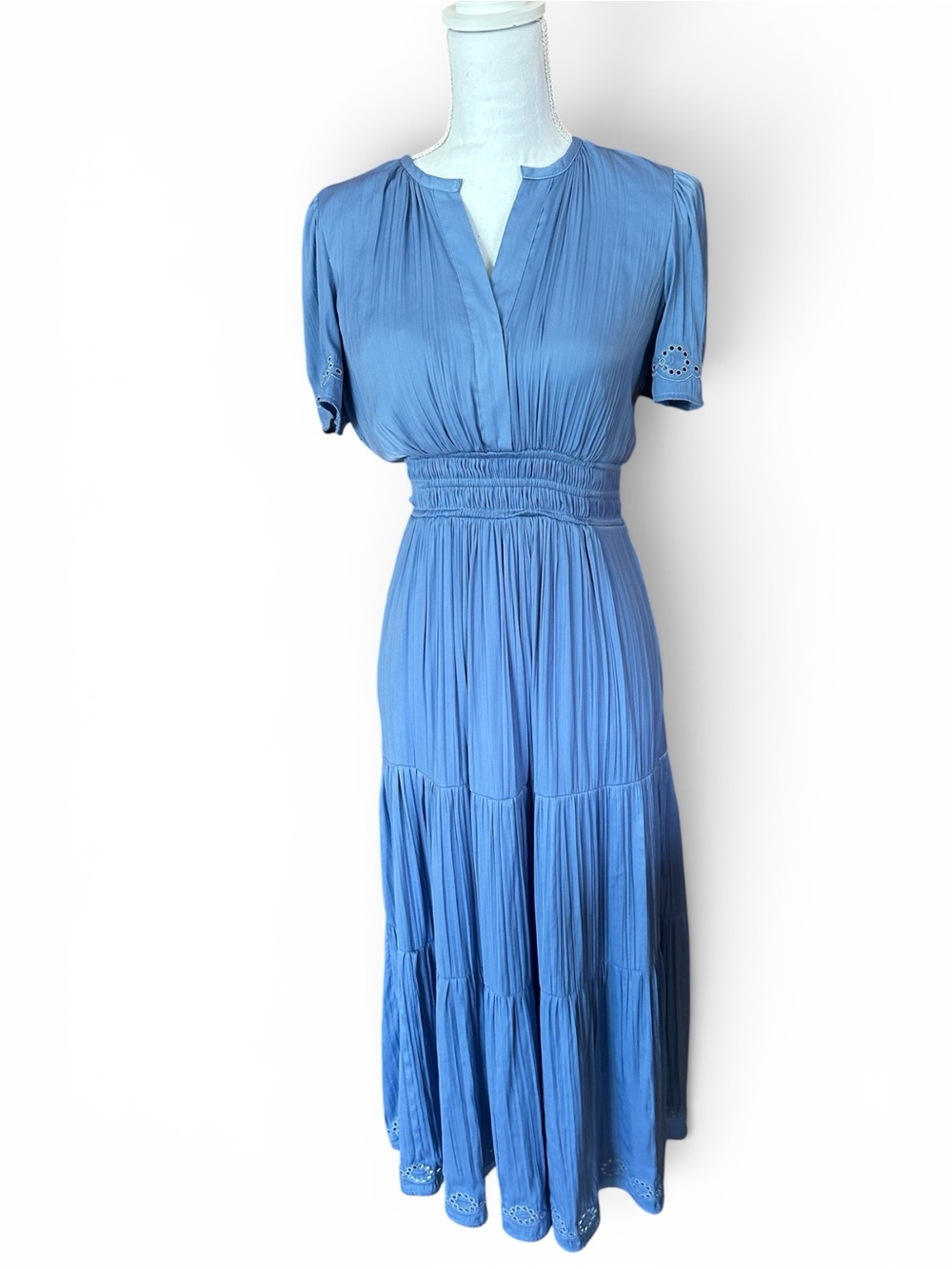 Anthropologie J JOIE Dusty Blue Tiered Maxi Dress with Smocked Waist